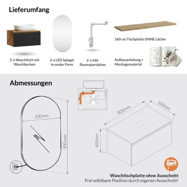 Meuble-lavabo double ARISA 160 cm, noir, avec 2 miroirs à LED et 2 vasques en céramique blanches de 60 cm