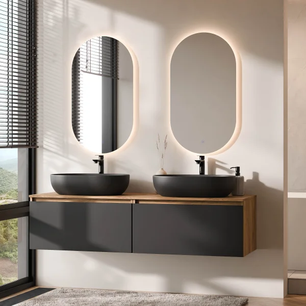 Meuble-lavabo double ARISA 160 cm, noir, avec 2 miroirs à LED et 2 vasques en céramique noires de 60 cm