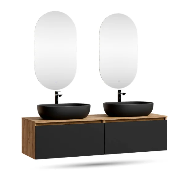 Meuble-lavabo double ARISA 160 cm, noir, avec 2 miroirs à LED et 2 vasques en céramique noires de 60 cm
