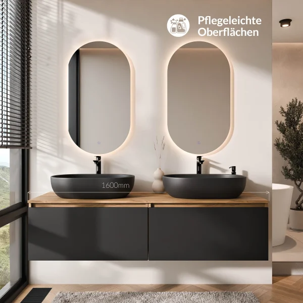Meuble-lavabo double ARISA 160 cm, noir, avec 2 miroirs à LED et 2 vasques en céramique noires de 60 cm