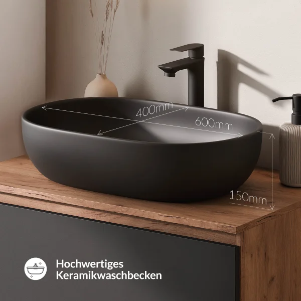 Meuble-lavabo double ARISA 160 cm, noir, avec 2 miroirs à LED et 2 vasques en céramique noires de 60 cm