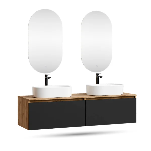 Meuble-lavabo double ARISA 160 cm, noir, avec 2 miroirs à LED et 2 vasques en céramique blanches de 55 cm