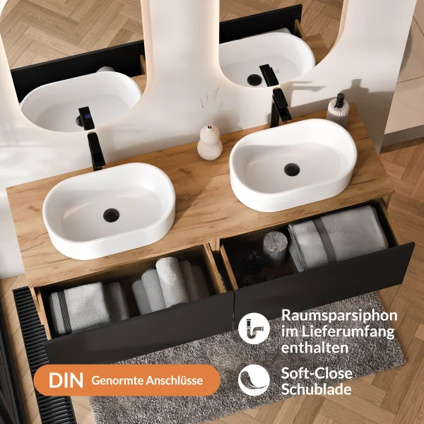 Meuble-lavabo double ARISA 160 cm, noir, avec 2 miroirs à LED et 2 vasques en céramique blanches de 55 cm