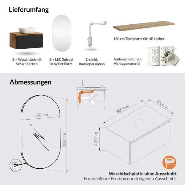 Meuble-lavabo double ARISA 160 cm, noir, avec 2 miroirs à LED et 2 vasques en céramique blanches de 42 cm