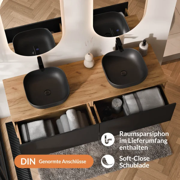 Meuble-lavabo double ARISA 160 cm, noir, avec 2 miroirs à LED et 2 vasques en céramique noires de 42 cm