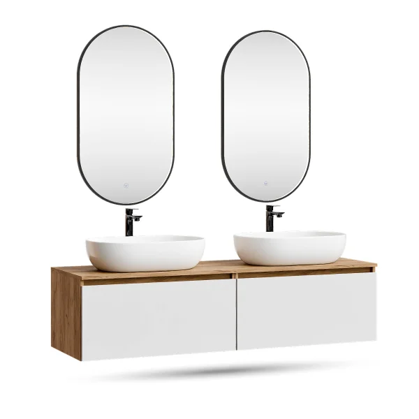 ARISA: doppio lavabo da 160 cm con 2 specchi a LED GLORA e 2 lavabi da appoggio in ceramica