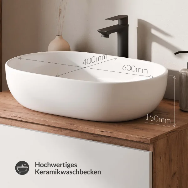 ARISA Doppelwaschtisch 160 cm mit 2 LED Spiegel VELUNA und 2 Keramik-Aufsatzwaschbecken