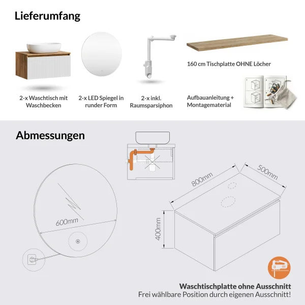 ARISA Double Vanity Unit, 160 cm, in White Ribbed, with 2 NOVA 60 cm LED Mirrors and 2 White Ceramic Countertop Sinks, 60 cm