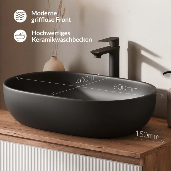 ARISA Double Vanity Unit, 160 cm, in White Ribbed, with 2 NOVA 60 cm LED Mirrors and 2 Black Ceramic Countertop Sinks, 60 cm