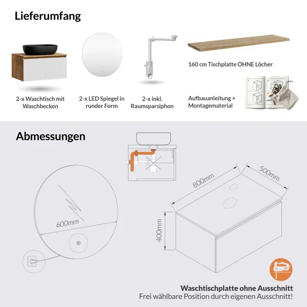 ARISA Double Vanity Unit, 160 cm, in White Ribbed, with 2 NOVA 60 cm LED Mirrors and 2 Black Ceramic Countertop Sinks, 60 cm