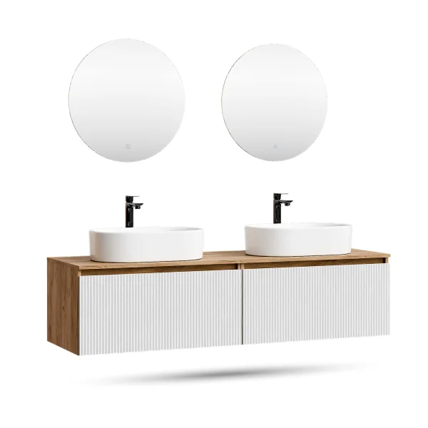 ARISA Double Vanity Unit, 160 cm, in White Ribbed, with 2 NOVA 60 cm LED Mirrors and 2 White Ceramic Countertop Sinks, 55 cm