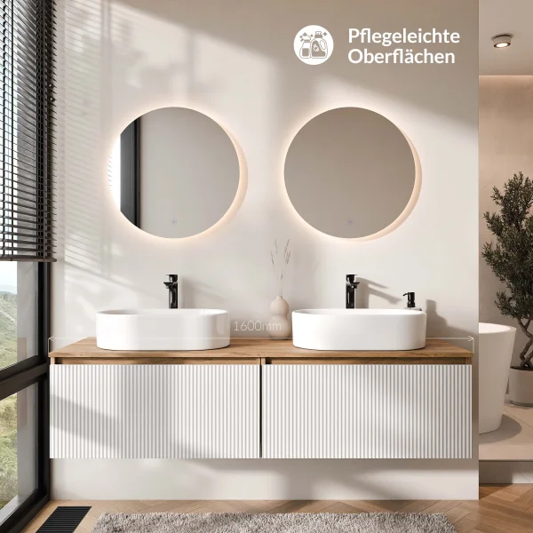 ARISA Double Vanity Unit, 160 cm, in White Ribbed, with 2 NOVA 60 cm LED Mirrors and 2 White Ceramic Countertop Sinks, 55 cm