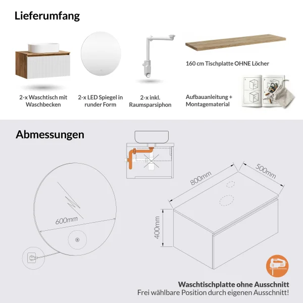 ARISA Double Vanity Unit, 160 cm, in White Ribbed, with 2 NOVA 60 cm LED Mirrors and 2 White Ceramic Countertop Sinks, 55 cm
