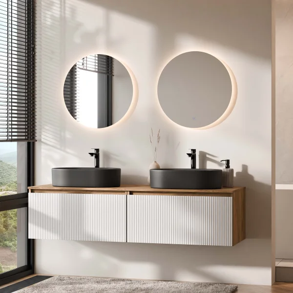 ARISA Double Vanity Unit, 160 cm, in White Ribbed, with 2 NOVA 60 cm LED Mirrors and 2 Black Ceramic Countertop Sinks, 55 cm