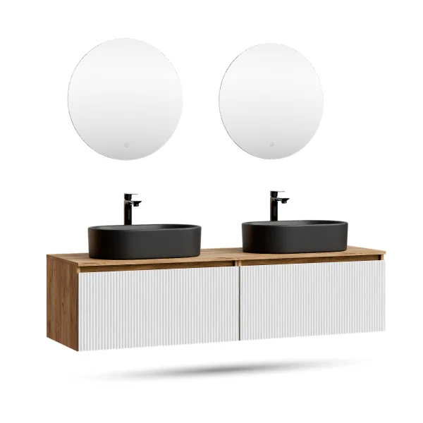ARISA Double Vanity Unit, 160 cm, in White Ribbed, with 2 NOVA 60 cm LED Mirrors and 2 Black Ceramic Countertop Sinks, 55 cm