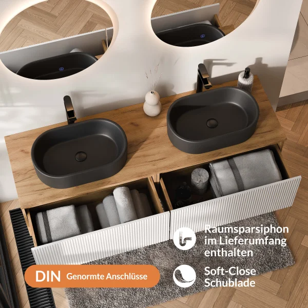 ARISA Double Vanity Unit, 160 cm, in White Ribbed, with 2 NOVA 60 cm LED Mirrors and 2 Black Ceramic Countertop Sinks, 55 cm