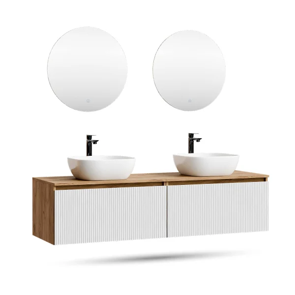 ARISA Double Vanity Unit, 160 cm, in White Ribbed, with 2 NOVA 60 cm LED Mirrors and 2 White Ceramic Countertop Sinks, 42 cm