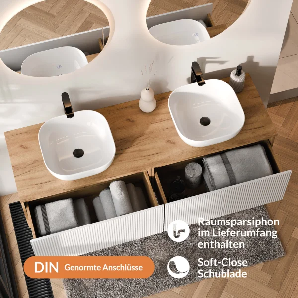 ARISA Double Vanity Unit, 160 cm, in White Ribbed, with 2 NOVA 60 cm LED Mirrors and 2 White Ceramic Countertop Sinks, 42 cm