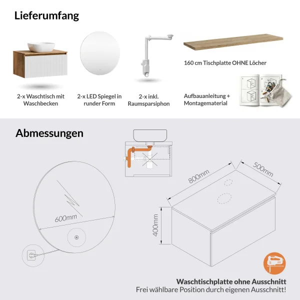 ARISA Double Vanity Unit, 160 cm, in White Ribbed, with 2 NOVA 60 cm LED Mirrors and 2 White Ceramic Countertop Sinks, 42 cm