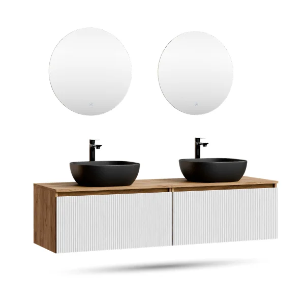 ARISA Double Vanity Unit, 160 cm, in White Ribbed, with 2 NOVA 60 cm LED Mirrors and 2 Black Ceramic Countertop Sinks, 42 cm
