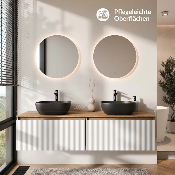 ARISA Double Vanity Unit, 160 cm, in White Ribbed, with 2 NOVA 60 cm LED Mirrors and 2 Black Ceramic Countertop Sinks, 42 cm