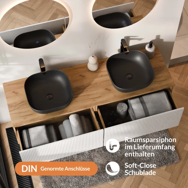 ARISA Double Vanity Unit, 160 cm, in White Ribbed, with 2 NOVA 60 cm LED Mirrors and 2 Black Ceramic Countertop Sinks, 42 cm