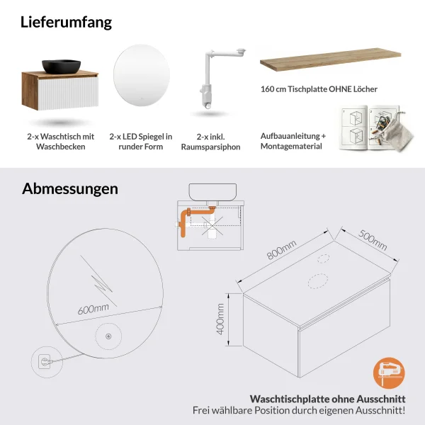 ARISA Double Vanity Unit, 160 cm, in White Ribbed, with 2 NOVA 60 cm LED Mirrors and 2 Black Ceramic Countertop Sinks, 42 cm
