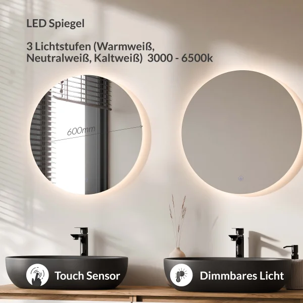ARISA Doppelwaschtisch 160 cm in Weiß mit 2 LED Spiegel NOVA 60 cm und 2 schwarzen Keramik-Aufsatzwaschbecken 60 cm