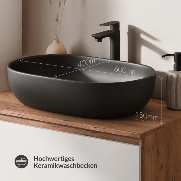 ARISA Doppelwaschtisch 160 cm in Weiß mit 2 LED Spiegel NOVA 60 cm und 2 schwarzen Keramik-Aufsatzwaschbecken 60 cm