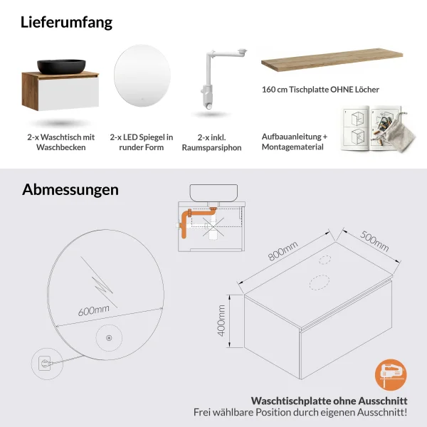 ARISA Doppelwaschtisch 160 cm in Weiß mit 2 LED Spiegel NOVA 60 cm und 2 schwarzen Keramik-Aufsatzwaschbecken 60 cm