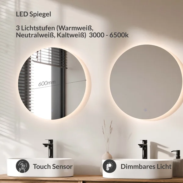 ARISA Doppelwaschtisch 160 cm in Weiß mit 2 LED Spiegel NOVA 60 cm und 2 weißen Keramik-Aufsatzwaschbecken 55 cm