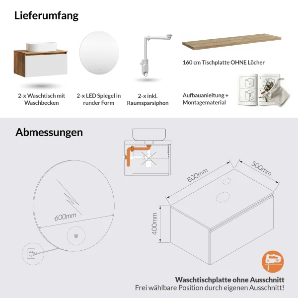 ARISA Doppelwaschtisch 160 cm in Weiß mit 2 LED Spiegel NOVA 60 cm und 2 weißen Keramik-Aufsatzwaschbecken 55 cm
