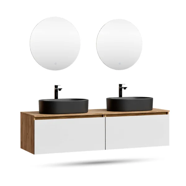 ARISA Doppelwaschtisch 160 cm in Weiß mit 2 LED Spiegel NOVA 60 cm und 2 schwarzen Keramik-Aufsatzwaschbecken 55 cm