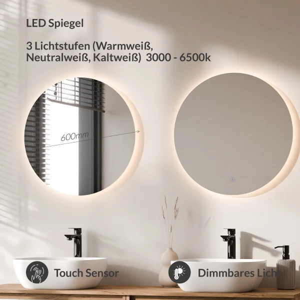 ARISA Doppelwaschtisch 160 cm in Weiß mit 2 LED Spiegel NOVA 60 cm und 2 weißen Keramik-Aufsatzwaschbecken 42 cm