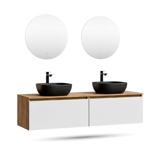 ARISA Double Vanity Unit, 160 cm, in White, with 2 NOVA 60 cm LED Mirrors and 2 Black 42 cm Ceramic Countertop Sinks