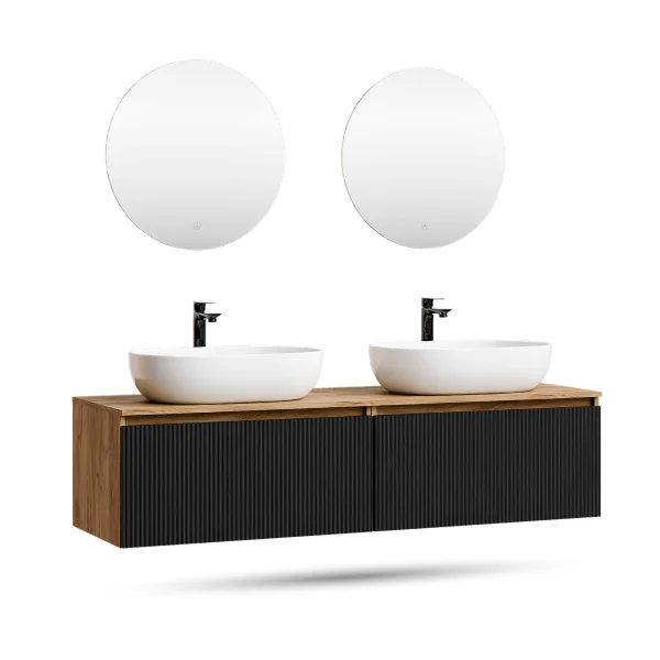 ARISA Double Vanity Unit, 160 cm, in Black Ribbed, with 2 NOVA 60 cm LED Mirrors and 2 White Ceramic Countertop Sinks, 60 cm