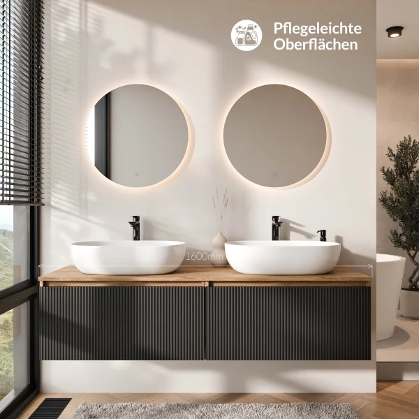 ARISA Double Vanity Unit, 160 cm, in Black Ribbed, with 2 NOVA 60 cm LED Mirrors and 2 White Ceramic Countertop Sinks, 60 cm
