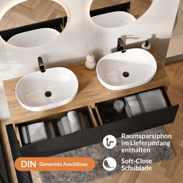 ARISA Double Vanity Unit, 160 cm, in Black Ribbed, with 2 NOVA 60 cm LED Mirrors and 2 White Ceramic Countertop Sinks, 60 cm