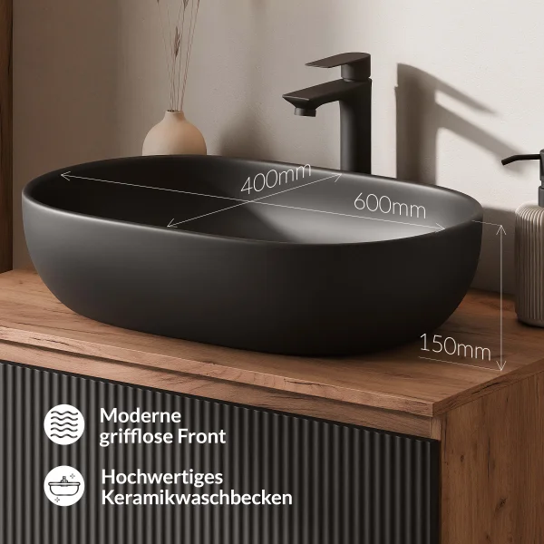 Meuble-lavabo double ARISA 160 cm, noir strié, avec 2 miroirs LED NOVA 60 cm et 2 vasques en céramique noires à poser 60 cm