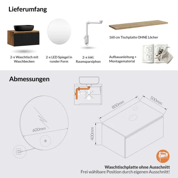 Meuble-lavabo double ARISA 160 cm, noir strié, avec 2 miroirs LED NOVA 60 cm et 2 vasques en céramique noires à poser 60 cm