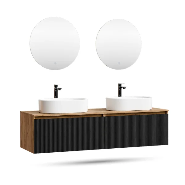 ARISA Double Vanity Unit, 160 cm, in Black Ribbed, with 2 NOVA 60 cm LED Mirrors and 2 White Ceramic Countertop Sinks, 55 cm