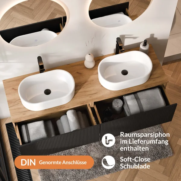 ARISA Double Vanity Unit, 160 cm, in Black Ribbed, with 2 NOVA 60 cm LED Mirrors and 2 White Ceramic Countertop Sinks, 55 cm