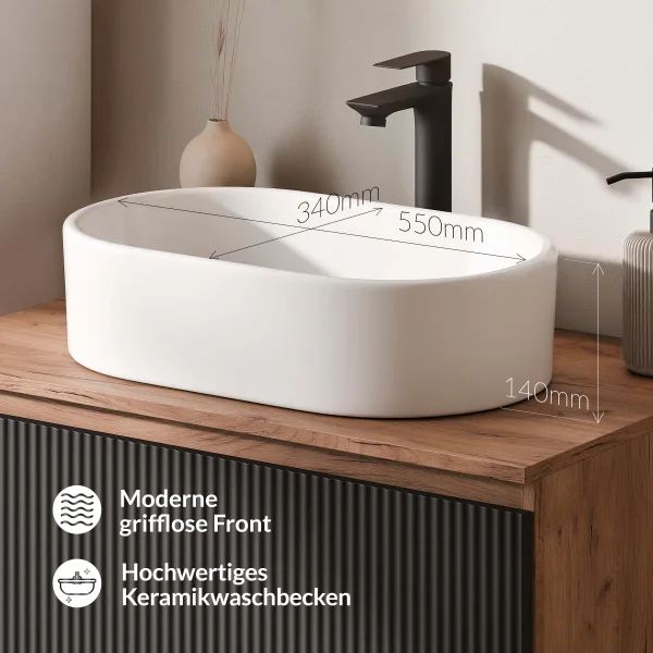 ARISA Double Vanity Unit, 160 cm, in Black Ribbed, with 2 NOVA 60 cm LED Mirrors and 2 White Ceramic Countertop Sinks, 55 cm