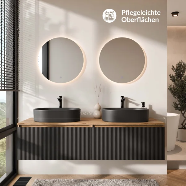 Meuble-lavabo double ARISA 160 cm, noir strié, avec 2 miroirs LED NOVA 60 cm et 2 vasques en céramique noires à poser 55 cm