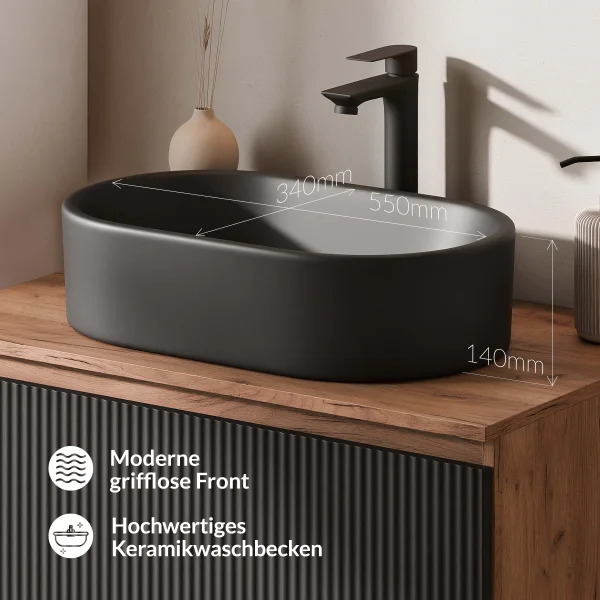 Meuble-lavabo double ARISA 160 cm, noir strié, avec 2 miroirs LED NOVA 60 cm et 2 vasques en céramique noires à poser 55 cm