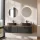 Meuble-lavabo double ARISA 160 cm, noir strié, avec 2 miroirs LED NOVA 60 cm et 2 vasques en céramique noires à poser 55 cm