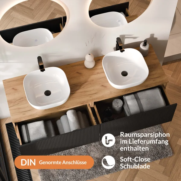 ARISA Double Vanity Unit, 160 cm, in Black Ribbed, with 2 NOVA 60 cm LED Mirrors and 2 White Ceramic Countertop Sinks, 42 cm