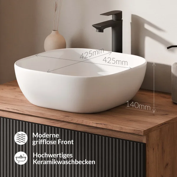 ARISA Double Vanity Unit, 160 cm, in Black Ribbed, with 2 NOVA 60 cm LED Mirrors and 2 White Ceramic Countertop Sinks, 42 cm