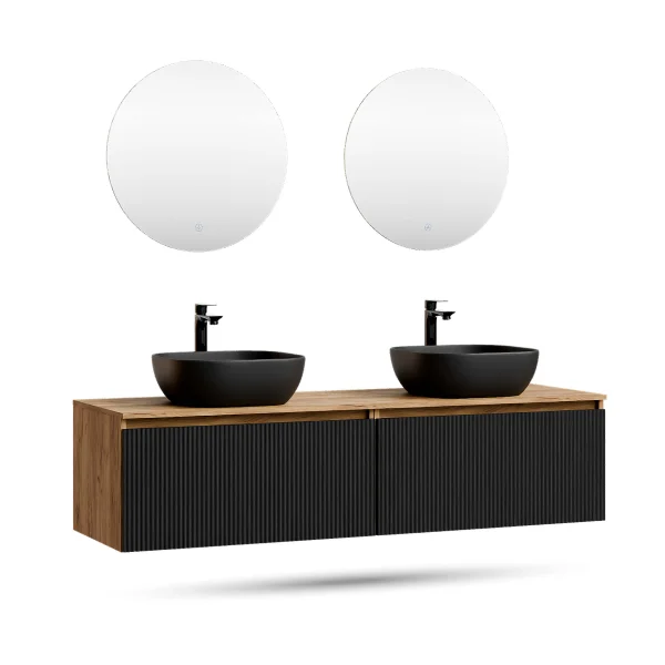 Meuble-lavabo double ARISA 160 cm, noir strié, avec 2 miroirs LED NOVA 60 cm et 2 vasques en céramique noires à poser de 42 cm