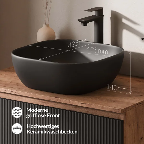 Meuble-lavabo double ARISA 160 cm, noir strié, avec 2 miroirs LED NOVA 60 cm et 2 vasques en céramique noires à poser de 42 cm